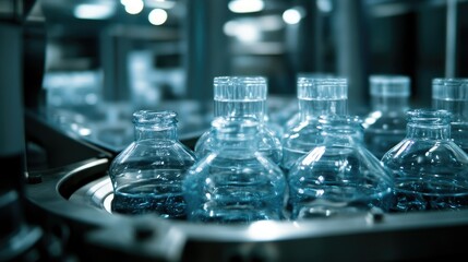 Water bottles being grouped and wrapped in plastic packaging, part of an automated bottling line process.