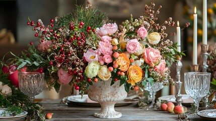 49. A festive table setting for a New Year is brunch, adorned with Christmas flowers and decorations