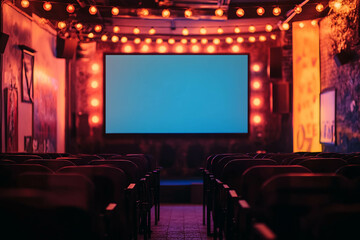 A cozy cinema interior featuring empty rows of seats facing a large blank screen. The walls are adorned with colorful graffiti and illuminated by warm string lights, creating an inviting atmosphere.