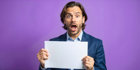 Man in suit holds blank paper with surprised expression against purple backdrop