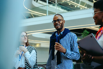 Business professionals discussing financial advisory skills in a modern corporate space