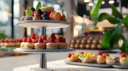 Elegant Display of Assorted Pastries and Sweets on a Tiered Serving Stand