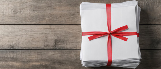 Obraz premium property compliance concept. Neatly tied stack of white papers with red ribbon on wood