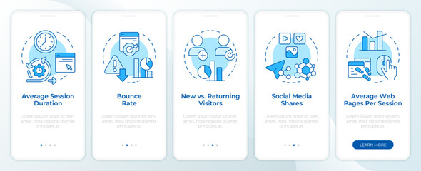Audience engagement metrics blue onboarding mobile app screen. Walkthrough 5 steps editable graphic instructions with linear concepts. UI, UX, GUI template. Montserrat SemiBold, Regular fonts used
