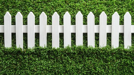 Fototapeta premium White wooden picket fence framing an area of vibrant green artificial turf, evoking a tidy and fresh aesthetic.