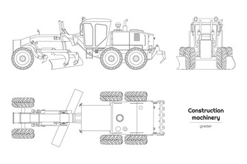 Obraz premium Isolated outline grader drawing. Industrial transport. Side, top and front view of construction vehicle. Contour machine blueprint
