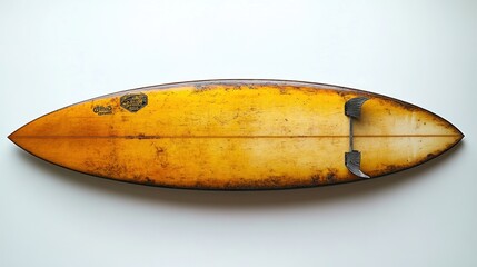 Vintage surfboard, faded gold/orange, showing wear and tear, top view.