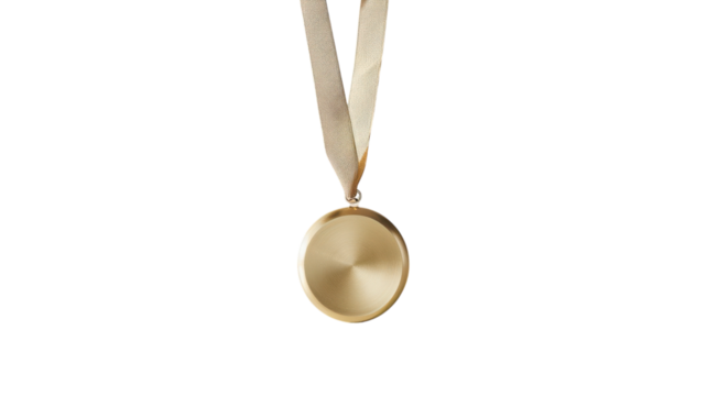 Shiny gold medal hanging elegantly against a vibrant yellow background, symbolizing achievement and victory in competition