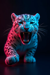 Obraz premium Fierce white leopard roaring against a black background illuminated by neon blue and pink lights. An enraged big cat, an aggressive jaguar in attack mode. Perfect for posters, prints, cards, and banne