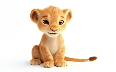 Obraz premium A 3D lion cub sitting with playful features, oversized expressive eyes, and a fluffy tail on a bright white background