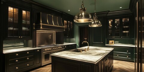 Elegant Dark Kitchen with Marble Island and Gold Accents