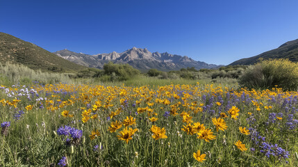 Fototapeta premium A vibrant meadow filled with blooming wildflowers under a clear blue sky