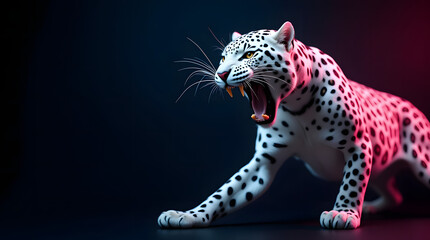 Fototapeta premium Fierce white leopard roaring against a black background illuminated by neon blue and pink lights. An enraged big cat, an aggressive jaguar in attack mode. Perfect for posters, prints, cards, and banne