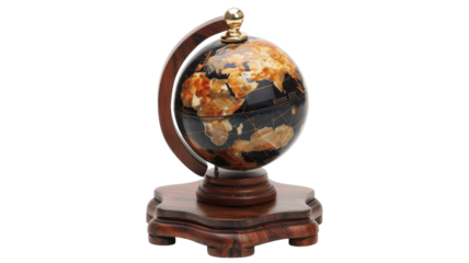 Vintage globe on a stylish wooden stand highlighting continents against a vivid background