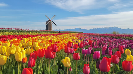 A bright field of tulips in various colors with a windmill in the background
