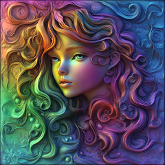 3D volumetric image of a long-haired girl’s face close-up in rainbow colors. Creative print. Template for romantic cards, invitations. Illustration for printing on fabric, paper, porcelain, plastic, t