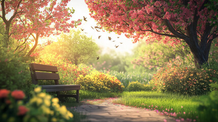 A charming park with flowering trees, a wooden bench, and birds flying in the distance