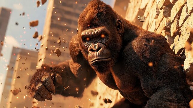 Powerful Gorilla Breaking Wall Concept, Intense Gorilla Mid Charge as it Crushes Through Towering Stone Wall in Urban Environment