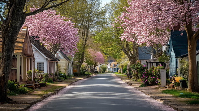 A peaceful village street lined with blossoming trees and quaint houses