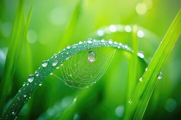 Dew-covered spiderweb delicately rests on a vibrant green grass blade, a tranquil morning scene.