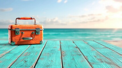 Fototapeta premium Summer Vacation Orange Suitcase on Turquoise Beach Wood