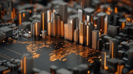 An abstract representation of a world map features a global network concept in a modern office setting during a festive season