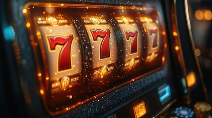 Casino 777 jackpot! Winning slot machine with flashing lights and blurred background, gambling, luck, fortune, and big win excitement.