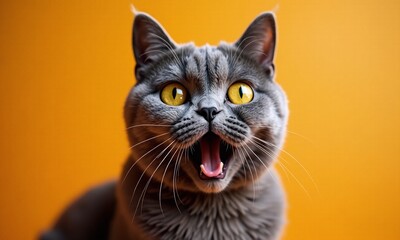 Obraz premium Gray British Shorthair cat surprised expression wide