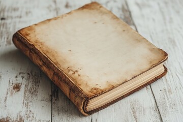 An antique book with aged, yellowed pages and a worn leather cover rests on a rustic wooden surface.