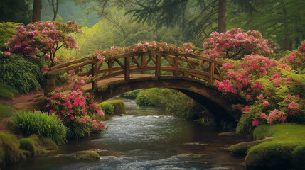 Fototapeta premium A wooden bridge crossing a stream with blooming flowers and lush greenery on either side