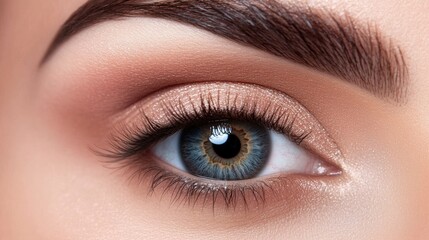Fototapeta premium Zoomed-in view of an eye with classic eyelash extensions, framed by soft and natural brows.