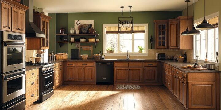 Rustic Wooden Kitchen With Dark Green Walls