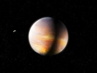 Super-Earth with a solid surface covered with clouds. Rocky exoplanet in space. Amazing exoplanet, sci-fi background.