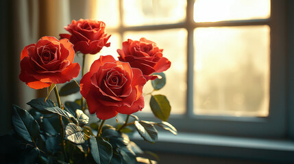 Beautiful red roses in a sunlit window floral arrangement Valentine's Day and copy space