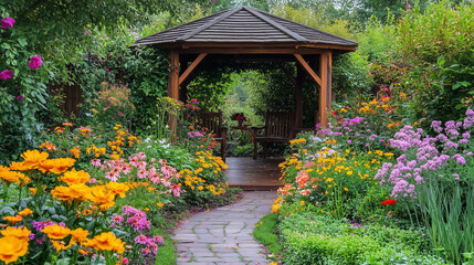A garden gazebo surrounded by colorful spring flowers and climbing vines