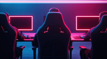 Back view of gamer on stage of online virtual gaming competition