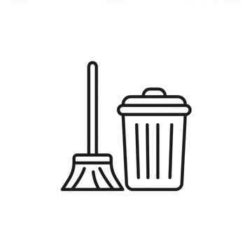 recommend clip art: Monochrome line art icon of a broom sweeping dust into a trash can, representing cleanliness and hygiene