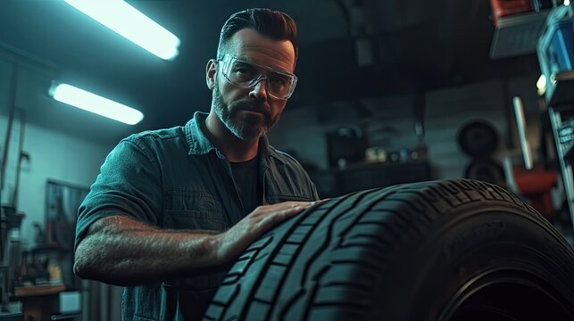 Confident mechanic wearing safety glasses and holding a tire in a state-of-the-art garage filled with professional-grade tools.