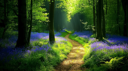 A path leading through a field of bluebells in a shaded forest clearing