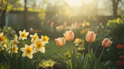 A soft-focus view of a garden with tulips and daffodils in full bloom
