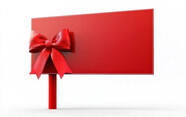 A clean billboard with a glossy red finish and a 3D bow placed on one corner on a bright white background
