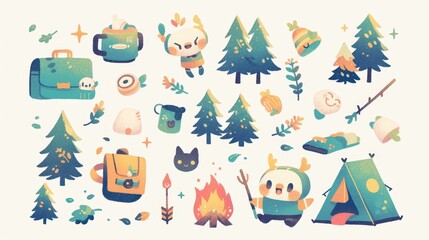 Fototapeta premium A whimsical illustration featuring cute animals and camping-themed elements.
