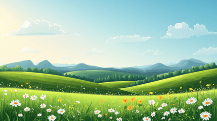 Fototapeta premium A minimalist vector landscape with rolling green hills and scattered wildflowers under a sunny sky