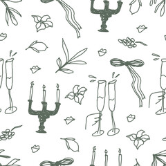Vector seamless pattern with bows, candle and wine. Abstract background, sketch. design for restaurant or cafe menu with drawn doodle vintage elements