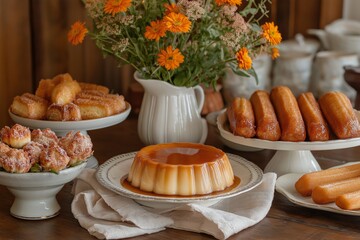 Homestyle dessert spread with flan, churros, and flowers on a rustic table.
