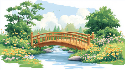 Fototapeta premium A springtime vector scene with a wooden bridge crossing a bubbling brook surrounded by greenery