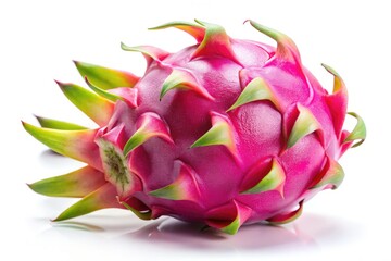 A striking, high-resolution image: a single, vibrant red dragon fruit against a pure white background.
