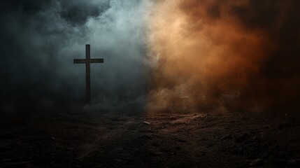 A wooden cross stands tall against a backdrop of dark, swirling smoke.
