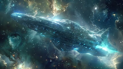Obraz premium Interstellar ark, organic, bio-engineered spaceship on an exploration mission trough outerspace. Ai Generative