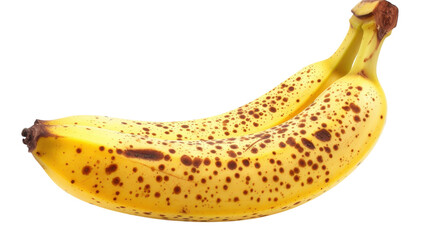 Ripe banana showcasing vibrant yellow skin and distinctive black spots against a bright yellow background